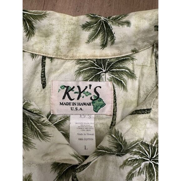 VINTAGE Ky's Men Button Up Shirt Large Palm Trees Hawaiian Short Sleeve Collar - Picture 3 of 6